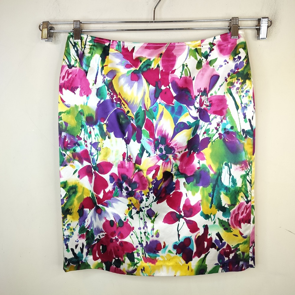 Jones New York Floral Pencil Skirt 12 Cotton Silk Colorful Vibrant Art Statement